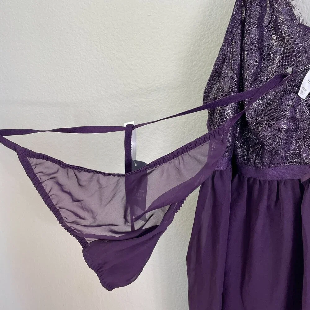 NEW Cacique Womens Plus 22/24 Purple Metallic Sheer Lace Babydoll Lingerie Set - Picture 7 of 14